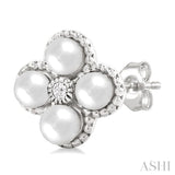 3 MM Clover Cultured Pearl and 1/50 Ctw Round Cut Diamond Fashion Earrings in 10K White Gold