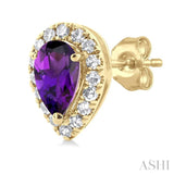5x3 MM Pear Shape Amethyst and 1/8 ctw Single Cut Diamond Halo Semi Precious Stud Earrings in 14K Yellow Gold