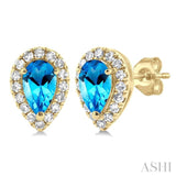 5x3 MM Pear Shape Blue Topaz and 1/8 ctw Single Cut Diamond Halo Semi Precious Stud Earrings in 10K Yellow Gold