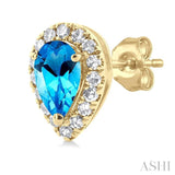 5x3 MM Pear Shape Blue Topaz and 1/8 ctw Single Cut Diamond Halo Semi Precious Stud Earrings in 10K Yellow Gold