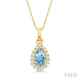 5x3 MM Pear Shape Aquamarine and 1/20 ctw Single Cut Diamond Halo Semi Precious Pendant with Chain in 14K Yellow Gold