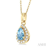 5x3 MM Pear Shape Aquamarine and 1/20 ctw Single Cut Diamond Halo Semi Precious Pendant with Chain in 14K Yellow Gold