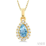5x3 MM Pear Shape Aquamarine and 1/20 ctw Single Cut Diamond Halo Semi Precious Pendant with Chain in 14K Yellow Gold