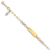 14k Two-tone Baby Polished and Textured Cross w/1in ext. ID Bracelet