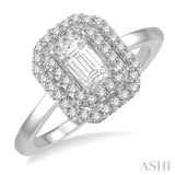 1/2 ctw Twin Halo Round Cut Diamond Engagement Ring With 1/4 ctw Emerald Cut Center Stone in 14K White Gold