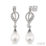 8x6mm Drop Shape Cultured Pearl and 1/10 Ctw Round Cut Diamond Drop Earrings in 14K White Gold