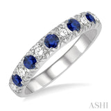 3/8 ctw Round Cut Diamond and 2.6MM Sapphire Precious Wedding Band in 14K White Gold
