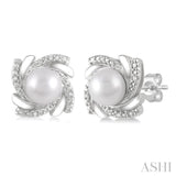 1/50 ctw Swirl Round Cut Diamond & 6x6MM White Pearl Earring in Silver