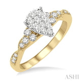 1/2 ctw Pear Shape Center Crisscross Carved Shank Lovebright Round Cut Diamond Engagement Ring in 14K Yellow and White gold