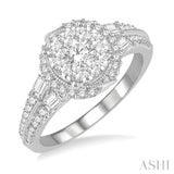 1 Ctw Round and Baguette Diamond Lovebright Engagement Ring in 14K White Gold