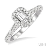 3/4 ctw Octagonal Shape Halo Round & Emerald Cut Diamond Engagement Ring With 1/3 ctw Emerald Cut Center Stone in 14K White Gold